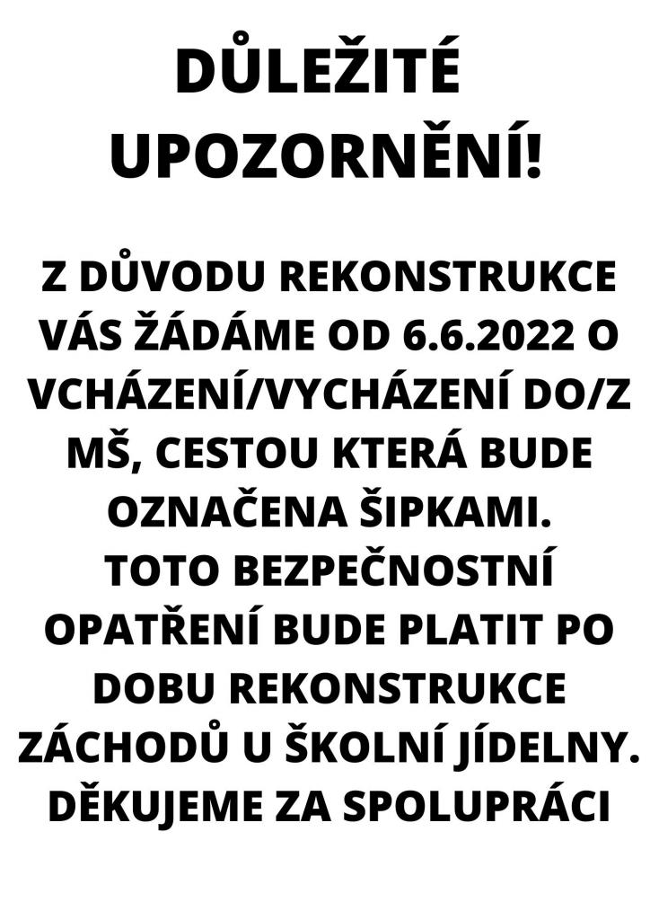 DŮLEŽITÉ UPOZORNĚNÍ PRO&nbsp;RODIČE MŠ 1